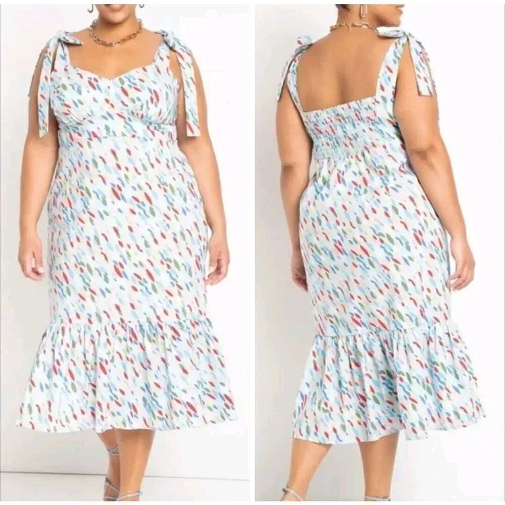 Eloquii Tie Shoulder Structured Midi Dress Blue Cruise Confetti Multicolor 14
